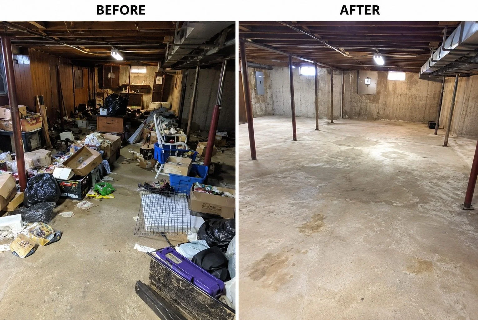 Basement filled with boxes and old furniture before estate junk removal in Bakersfield